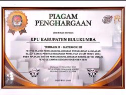 KPU Bulukumba Sabet Penghargaan Kedua untuk Laporan Pertanggung Jawaban Terbaik di Aplikasi Sitab